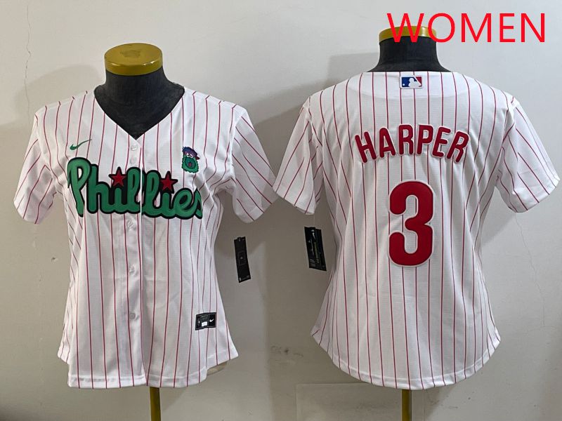Women Philadelphia Phillies #3 Harper White Stripe Second generation joint name 2025 Nike MLB Jersey style 1